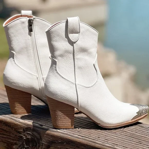 NEW White PU Leather Metal Cap Toe Block Heel Cowgirl Cowboy Western Ankle Boots - Picture 14 of 16